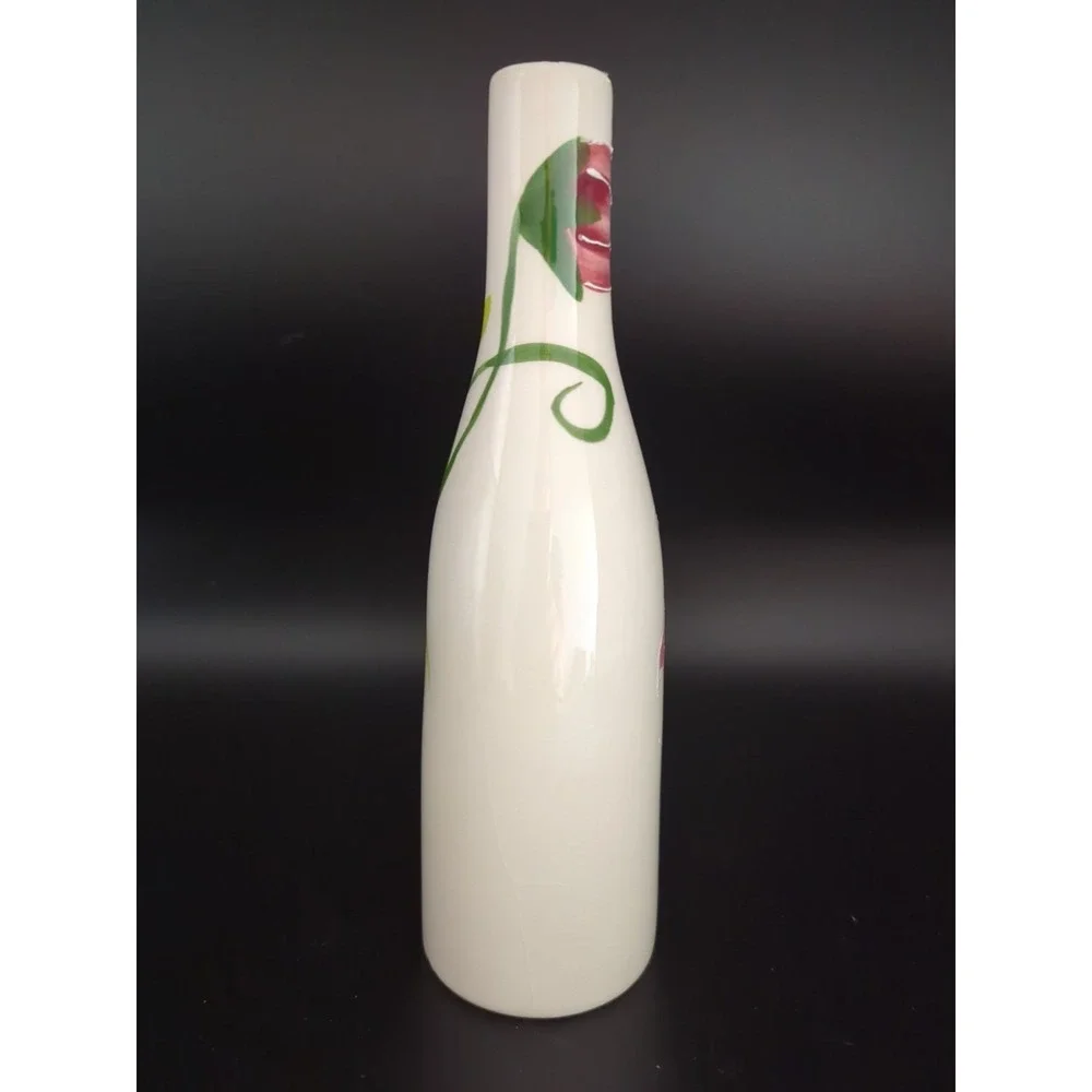 Hand Painted Porcelain Lilies Bottle Vase Handcrafted 7in Floral 1980s USA